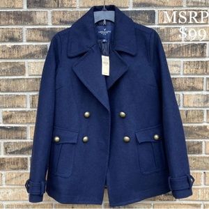 NWT American Eagle Outfitters Navy Blue Military Wool Pea Coat WOMENS MEDIUM.